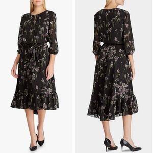 Lauren Ralph Lauren Black Floral Sheer Georgette Midi Maxi Dress Cottagecore NEW